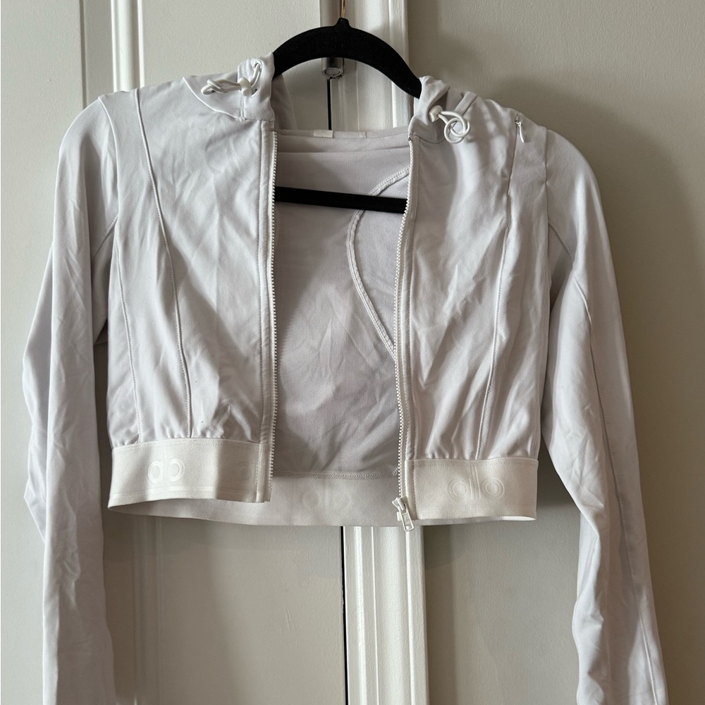 ALO Yoga White Cropped Jacket with Hood & Mesh Detail